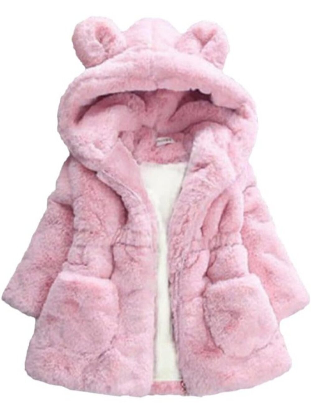 Kids Girls Pink Polyester Winter Warm Outwear Ear Hooded Faux Fur Thicken Fleece